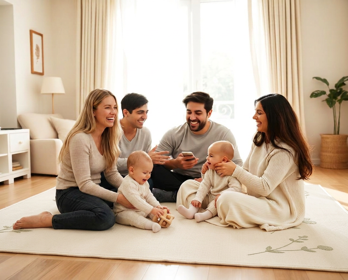 A young family playing together on the ivory Quiet Meadow rug with embroidered sage wildflowers