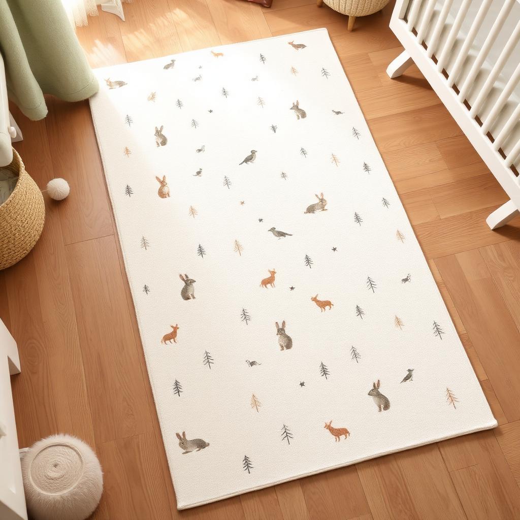 Woodland Friends washable nursery rug in Ivory, styled in a child's room